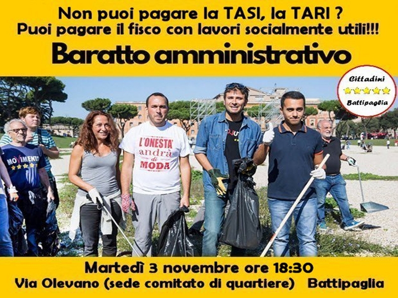 Battipaglia – I 5S propongono il “Baratto Amministrativo”