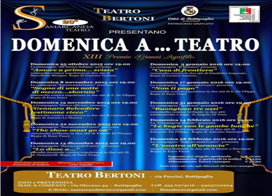 Battipaglia, “Samarcanda Tetro” compie 20anni e presenta al Bertoni “DOMENICA A … TEATRO”