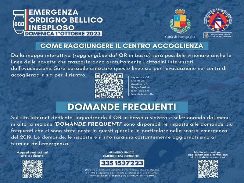 Battipaglia. Disinnesco bomba. Evacuazione domenica 1° ottobre ore 5. Tutti i dettagli e le indicazioni utili