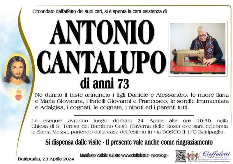 Battipaglia. Necrologio. Si è spenta la cara esistenza di Antonio Cantalupo di anni 73