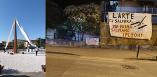 Battipaglia. L’obelisco nel rione Schiavo spunta uno striscione di protesta: “L’arte ci salverà, ma salviamo prima i pedoni”